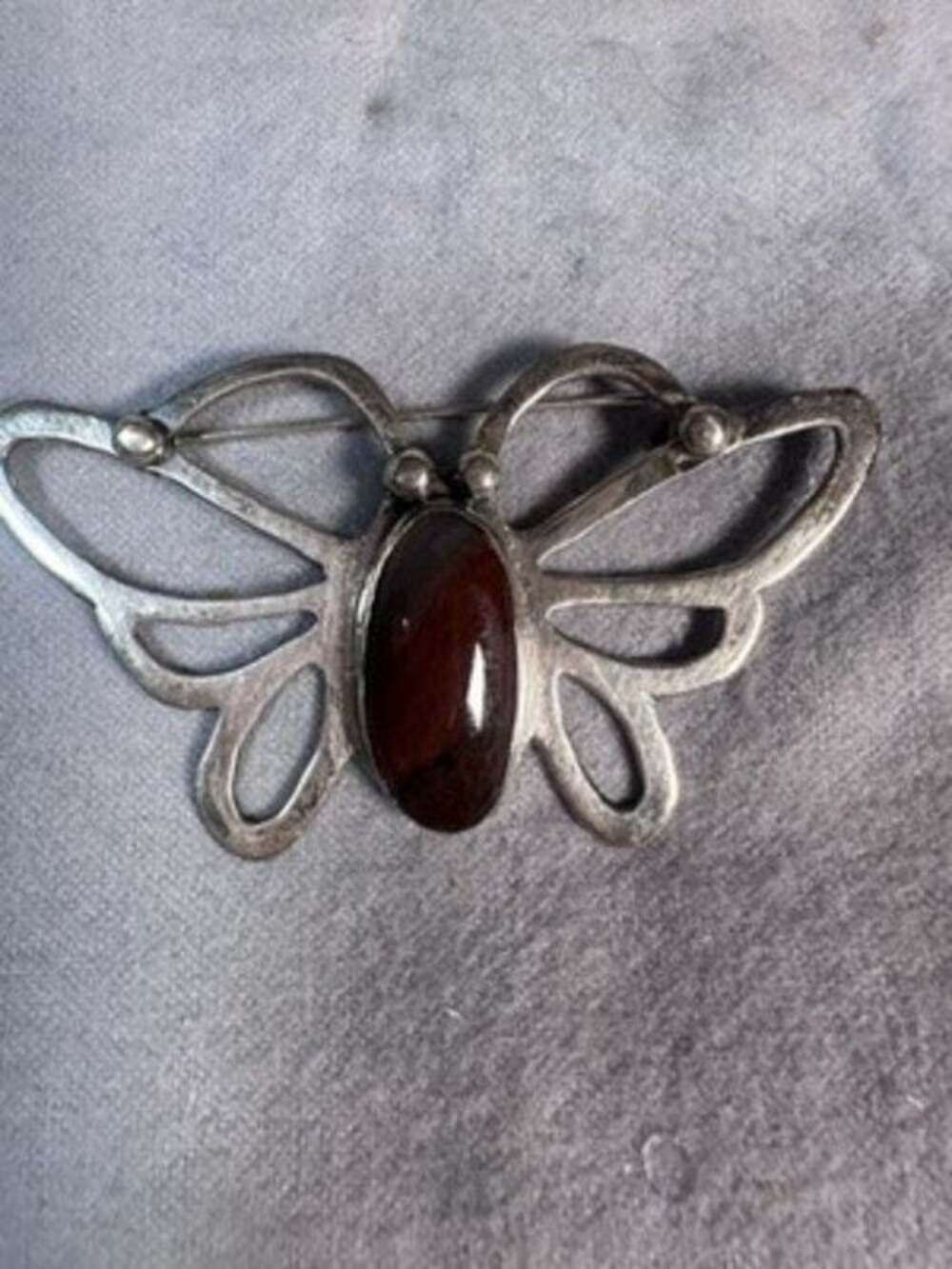 Beautiful Art Nouveau Sterling Silver Carnelian Vintage Butterfly Brooch